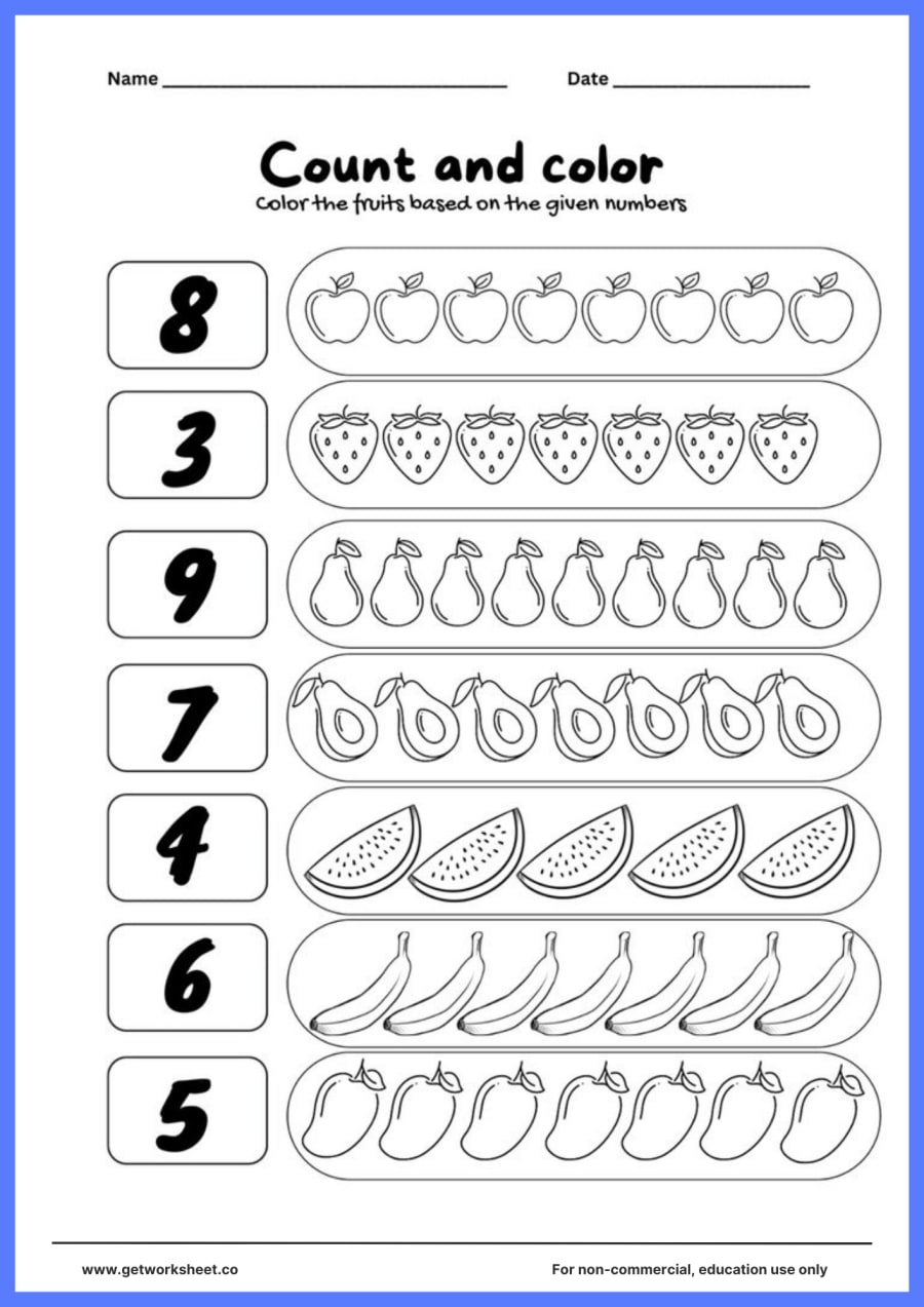 Count and color: 7 rows of fruit, 3 to 9 – free printable PDF worksheet, page 1 preview (Free count and color worksheets)