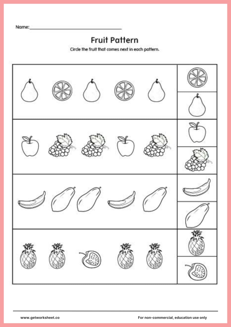 Repeating patterns: circle the next fruit – free printable PDF worksheet, page 1 preview (Free repeating patterns worksheets)