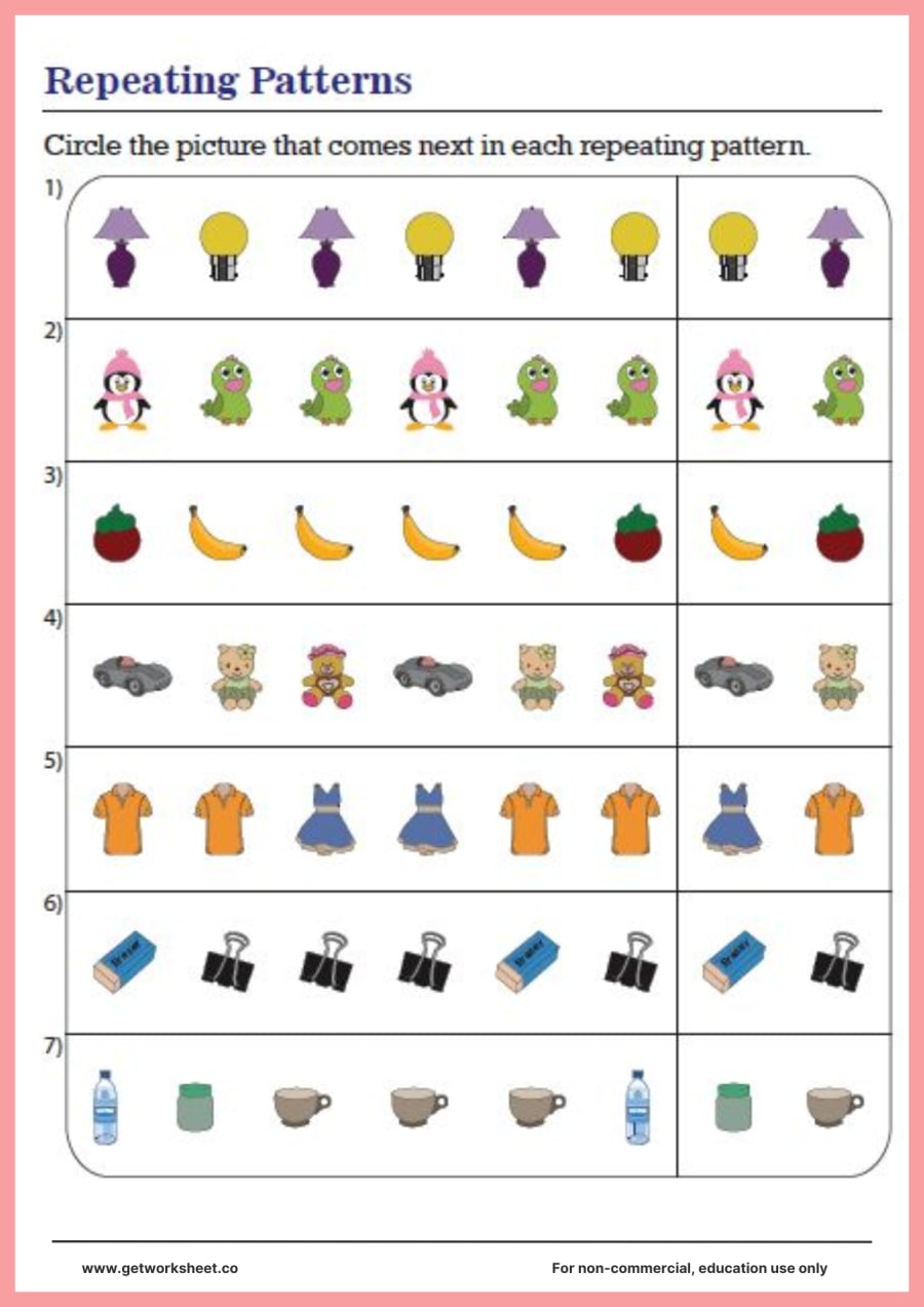 Repeating patterns: circle what comes next, 7 rows – free printable PDF worksheet, page 1 preview (Free repeating patterns worksheets)