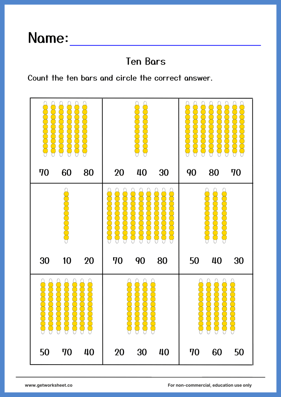 Ten bars: count the golden bead bars, circle the total Ten bars: count the golden bead bars, circle the total – free printable PDF worksheet, page 1 preview (Free Montessori worksheets (PDF))