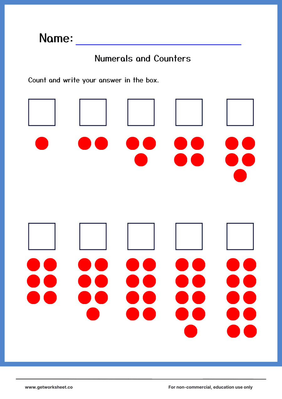Numerals and counters: count red dots 1 to 10 and write Numerals and counters: count red dots 1 to 10 and write – free printable PDF worksheet, page 1 preview (Free Montessori worksheets (PDF))