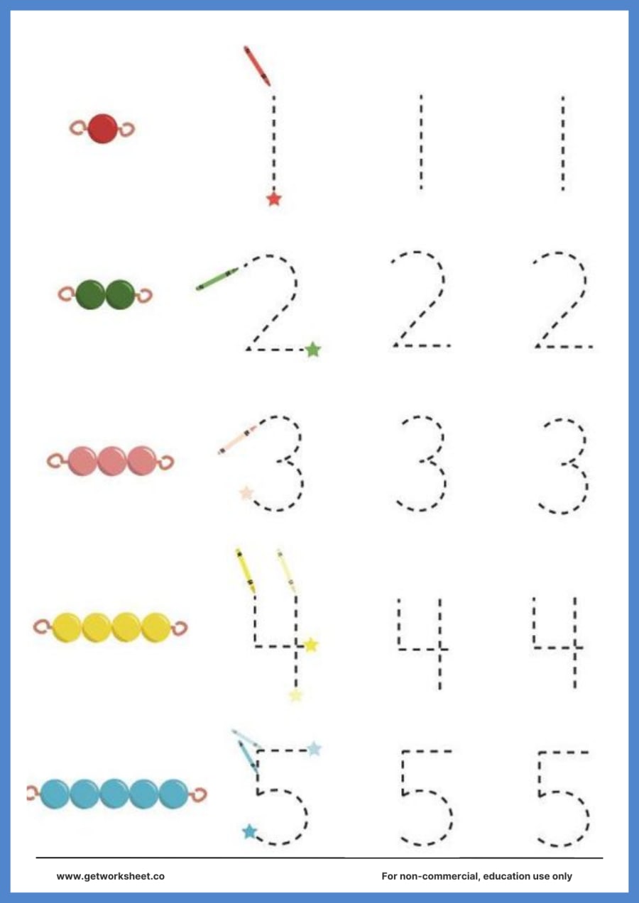 Bead bars 1 to 5: trace the number beside each bar Bead bars 1 to 5: trace the number beside each bar – free printable PDF worksheet, page 1 preview (Free Montessori worksheets (PDF))