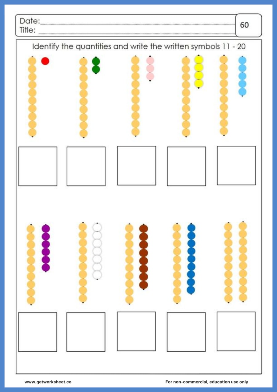 Teen beads 11 to 20: write the quantity under each ten bar Teen beads 11 to 20: write the quantity under each ten bar – free printable PDF worksheet, page 1 preview (Free Montessori worksheets (PDF))