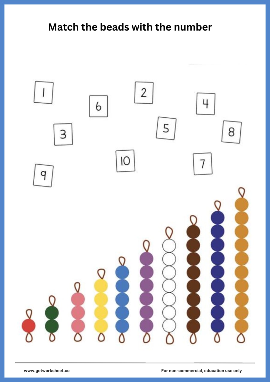 Bead stair: match each coloured bar to its number card Bead stair: match each coloured bar to its number card – free printable PDF worksheet, page 1 preview (Free Montessori worksheets (PDF))
