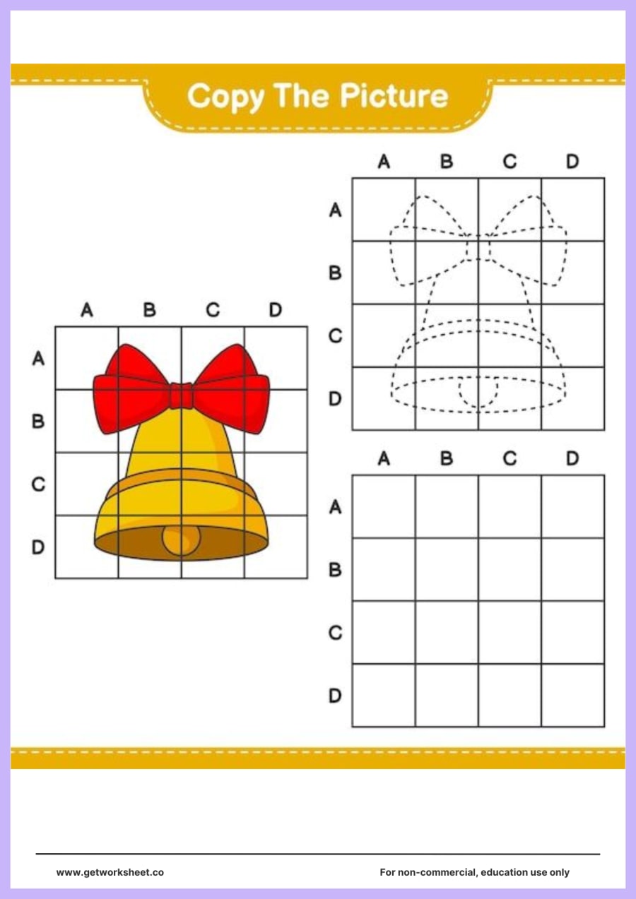 Copy the picture: bell with a red bow (A–D grid) Copy the picture: bell with a red bow (A–D grid) – free printable PDF worksheet, page 1 preview (Free copy the picture worksheets)