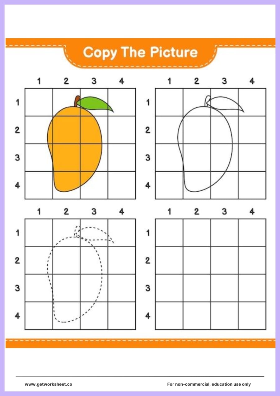 Copy the picture: mango with a leaf (1–4 grid) Copy the picture: mango with a leaf (1–4 grid) – free printable PDF worksheet, page 1 preview (Free copy the picture worksheets)