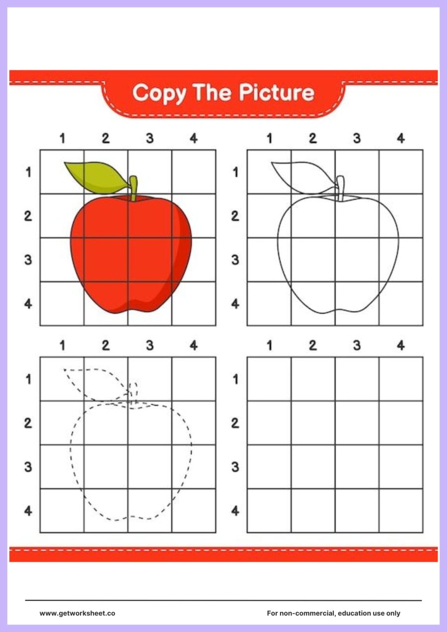 Copy the picture: red apple with a leaf (1–4 grid) Copy the picture: red apple with a leaf (1–4 grid) – free printable PDF worksheet, page 1 preview (Free copy the picture worksheets)