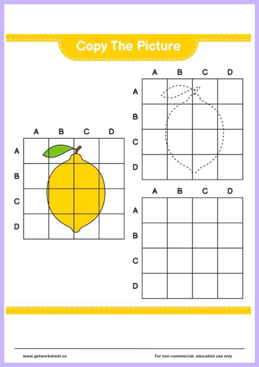 Copy the picture: yellow lemon (A–D grid) Copy the picture: yellow lemon (A–D grid) – free printable PDF worksheet, page 1 preview (Free copy the picture worksheets)