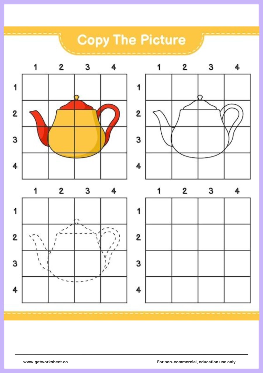 Copy the picture: red and yellow teapot (1–4 grid) Copy the picture: red and yellow teapot (1–4 grid) – free printable PDF worksheet, page 1 preview (Free copy the picture worksheets)