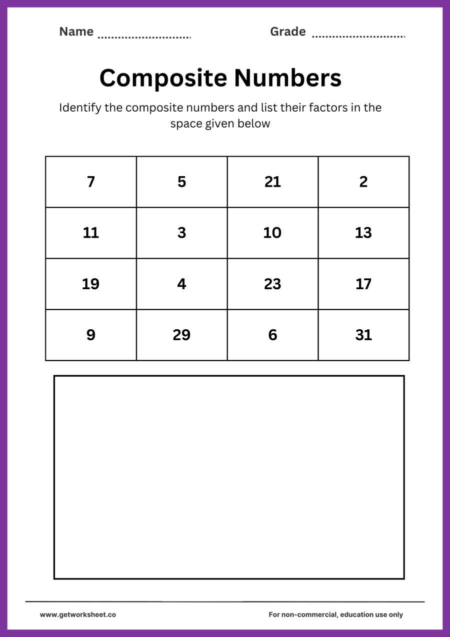 Composite numbers grid 4 (five composites) – free printable PDF worksheet, page 1 preview (Free composite number worksheets)