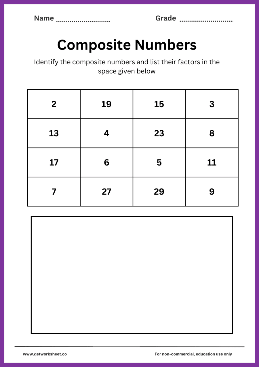Composite numbers grid 5 (includes 27) – free printable PDF worksheet, page 1 preview (Free composite number worksheets)