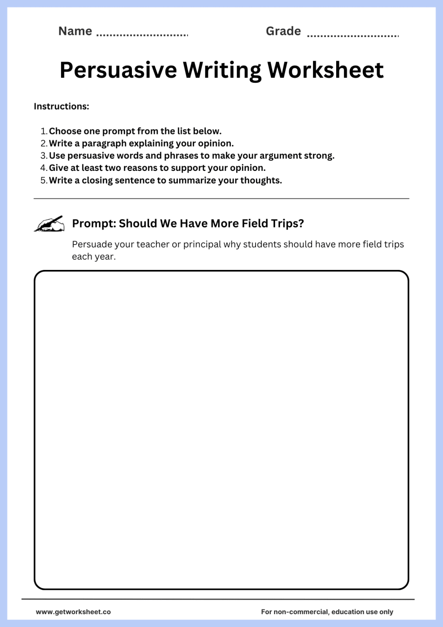 Persuasive writing: should we have more field trips? Persuasive writing: should we have more field trips? – free printable PDF worksheet, page 1 preview (Free persuasive writing worksheets)