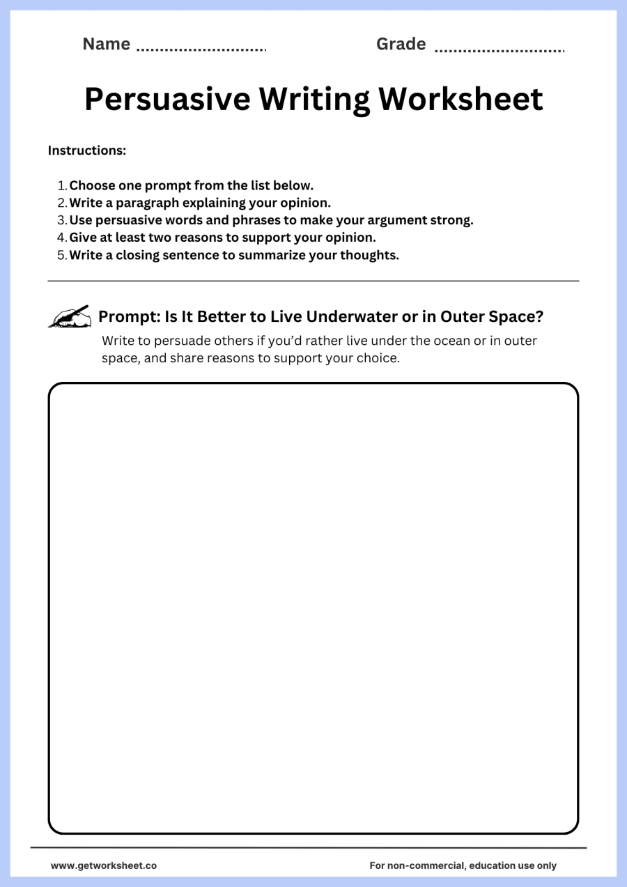 Persuasive writing: live underwater or in outer space? Persuasive writing: live underwater or in outer space? – free printable PDF worksheet, page 1 preview (Free persuasive writing worksheets)