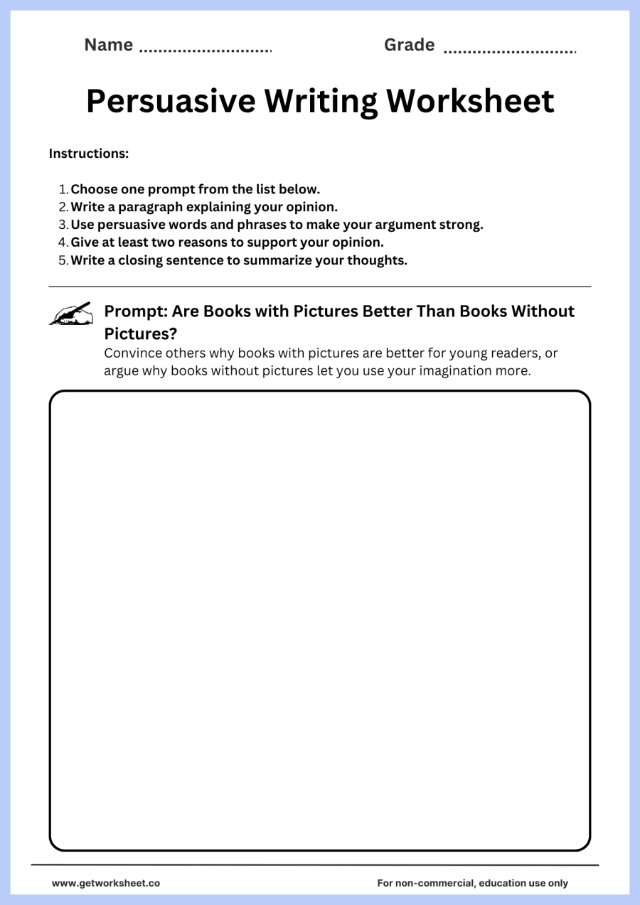 Persuasive writing: are picture books better than text-only? Persuasive writing: are picture books better than text-only? – free printable PDF worksheet, page 1 preview (Free persuasive writing worksheets)
