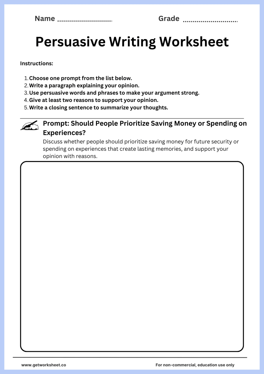 Persuasive writing: save money or spend on experiences? Persuasive writing: save money or spend on experiences? – free printable PDF worksheet, page 1 preview (Free persuasive writing worksheets)