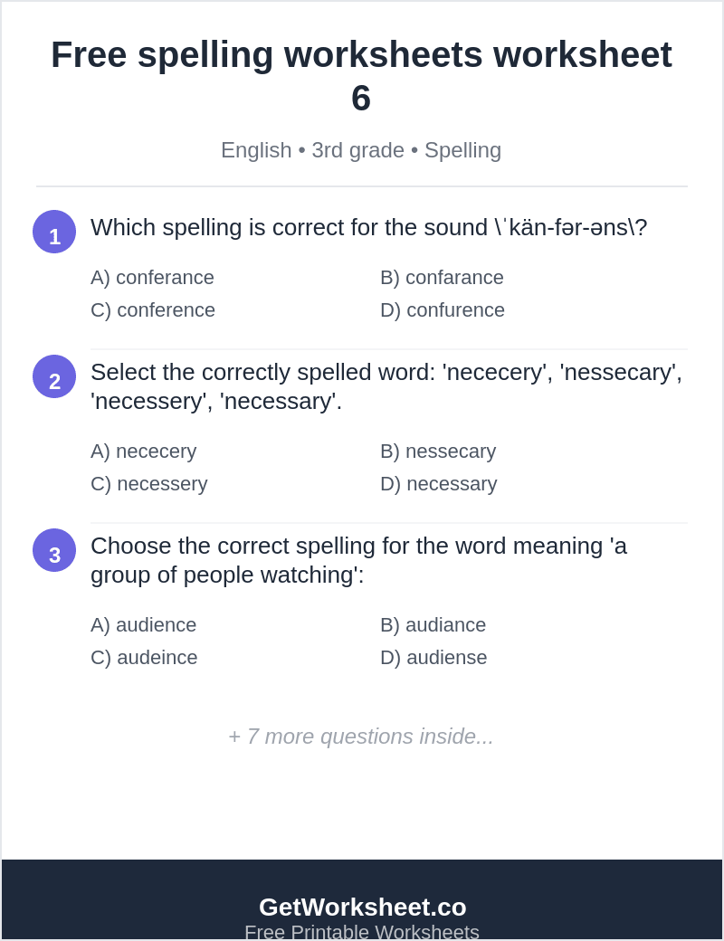 Spelling quiz: conference, necessary, audience Spelling quiz: conference, necessary, audience – free printable PDF worksheet, page 1 preview (Free spelling worksheets)