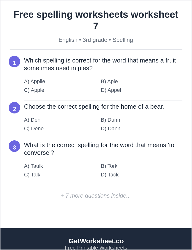 Spelling quiz: apple, den, talk, ball, banana, scissors Spelling quiz: apple, den, talk, ball, banana, scissors – free printable PDF worksheet, page 1 preview (Free spelling worksheets)