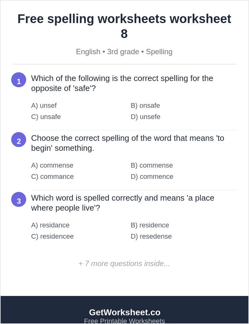 Spelling quiz: unsafe, commence, residence, refute Spelling quiz: unsafe, commence, residence, refute – free printable PDF worksheet, page 1 preview (Free spelling worksheets)