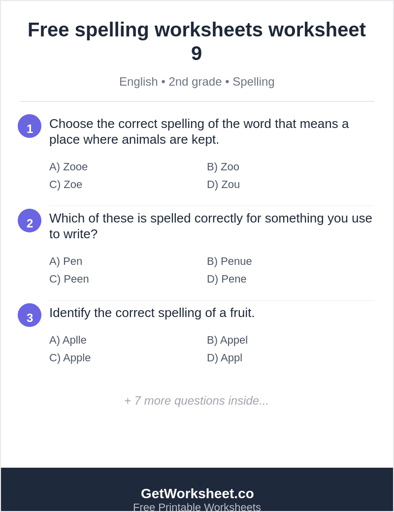Spelling quiz: zoo, pen, apple, hat, dog, scissors Spelling quiz: zoo, pen, apple, hat, dog, scissors – free printable PDF worksheet, page 1 preview (Free spelling worksheets)
