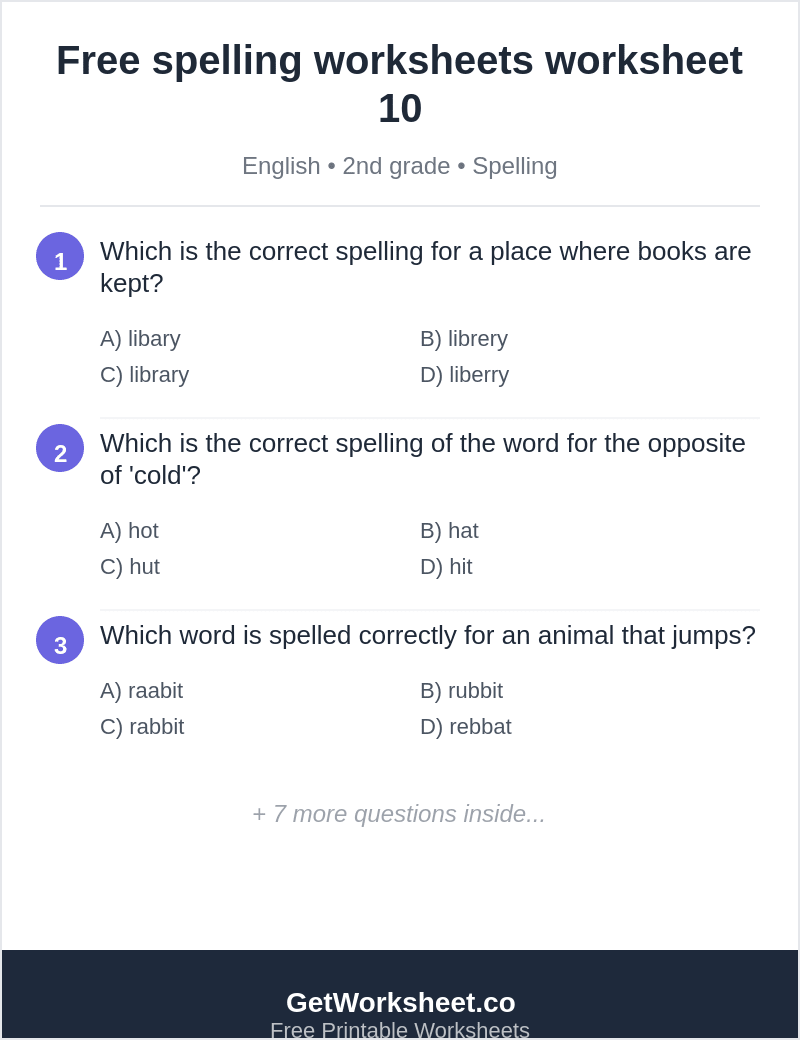 Spelling quiz: library, hot, rabbit, teacher, breakfast Spelling quiz: library, hot, rabbit, teacher, breakfast – free printable PDF worksheet, page 1 preview (Free spelling worksheets)