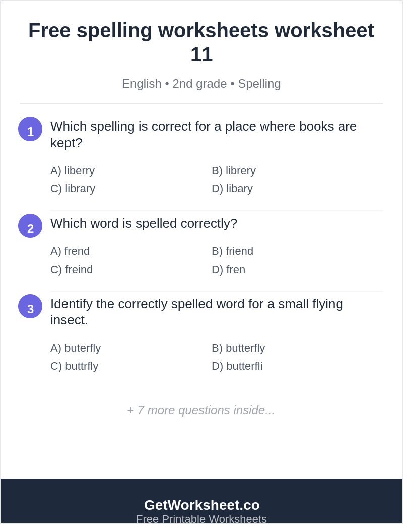 Spelling quiz: library, friend, butterfly, vet, lemon Spelling quiz: library, friend, butterfly, vet, lemon – free printable PDF worksheet, page 1 preview (Free spelling worksheets)