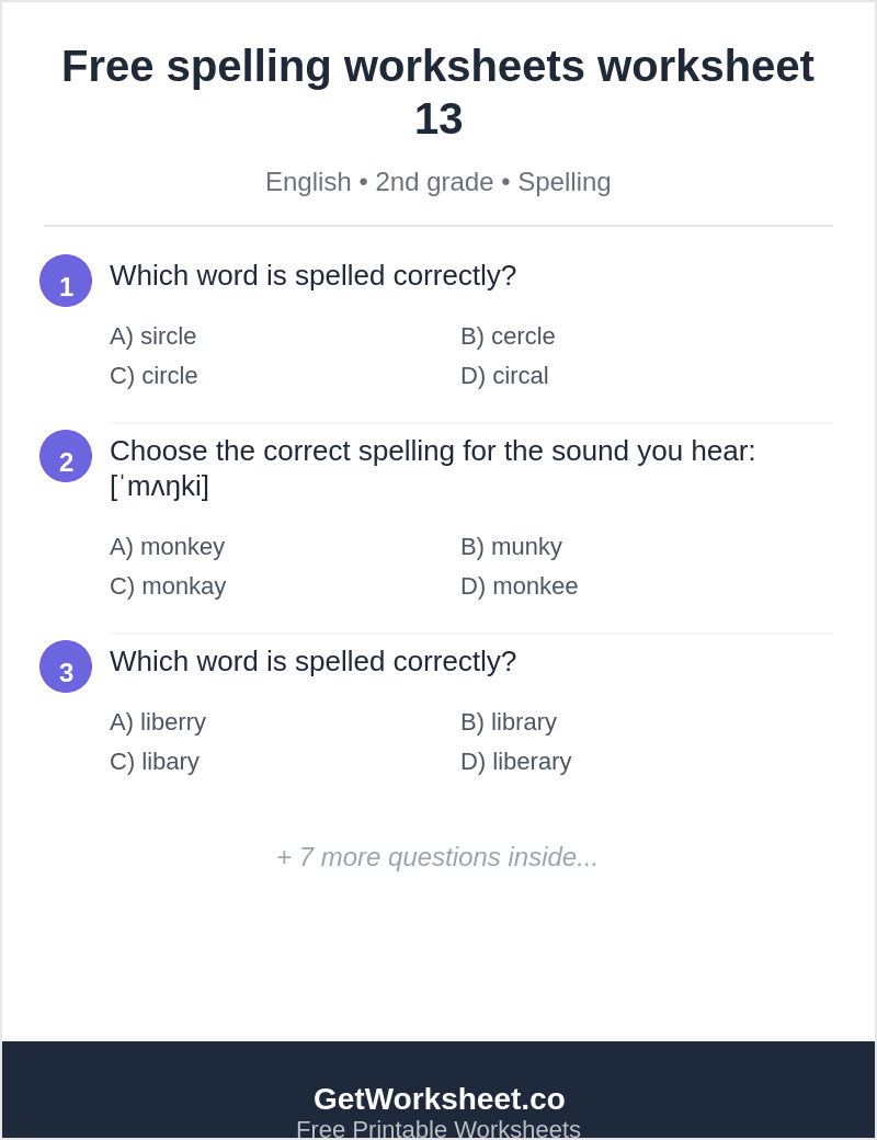 Spelling quiz: circle, monkey, library, shoe, gold Spelling quiz: circle, monkey, library, shoe, gold – free printable PDF worksheet, page 1 preview (Free spelling worksheets)