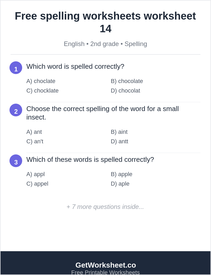 Spelling quiz: chocolate, ant, apple, shoe, chair Spelling quiz: chocolate, ant, apple, shoe, chair – free printable PDF worksheet, page 1 preview (Free spelling worksheets)