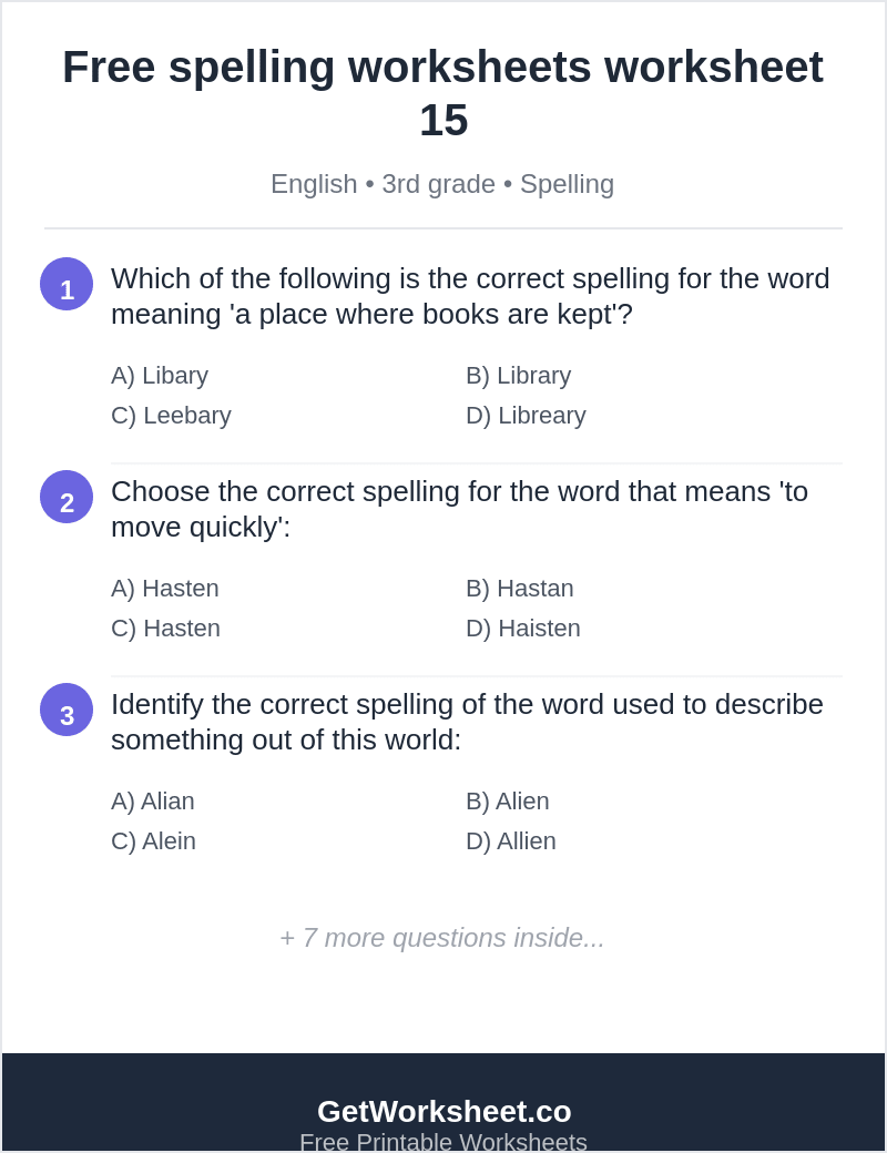 Spelling quiz: library, hasten, alien, humorist, ocean Spelling quiz: library, hasten, alien, humorist, ocean – free printable PDF worksheet, page 1 preview (Free spelling worksheets)