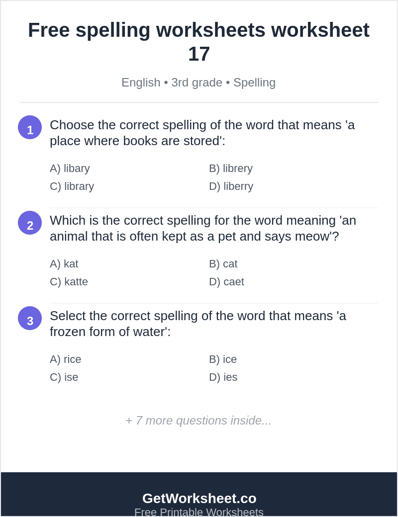 Spelling quiz: library, cat, ice, author, banana Spelling quiz: library, cat, ice, author, banana – free printable PDF worksheet, page 1 preview (Free spelling worksheets)