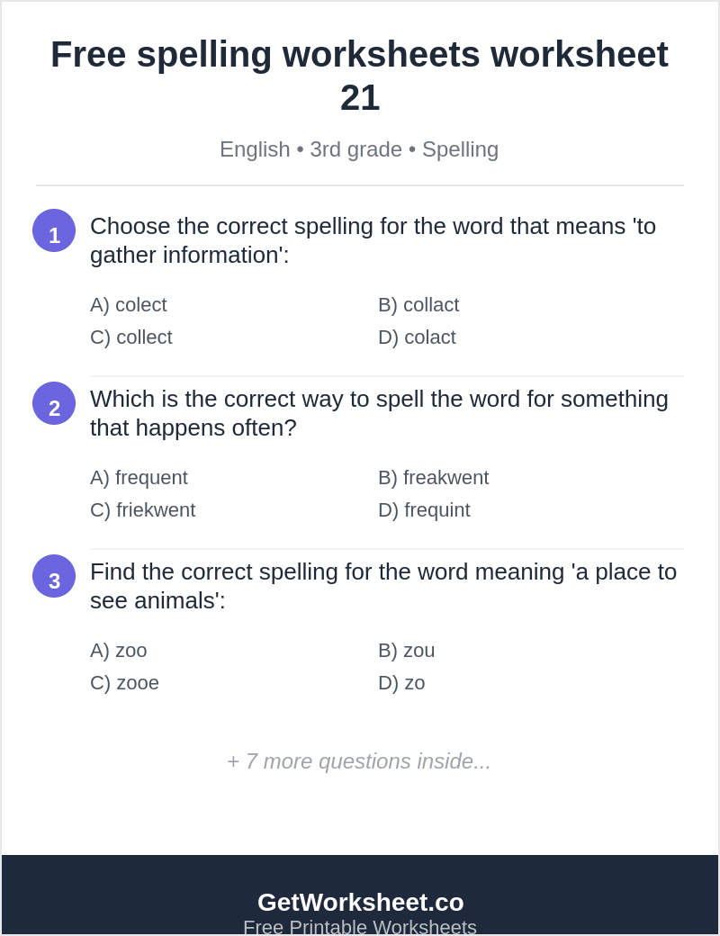 Spelling quiz: collect, frequent, zoo, choir, clock, bridge Spelling quiz: collect, frequent, zoo, choir, clock, bridge – free printable PDF worksheet, page 1 preview (Free spelling worksheets)