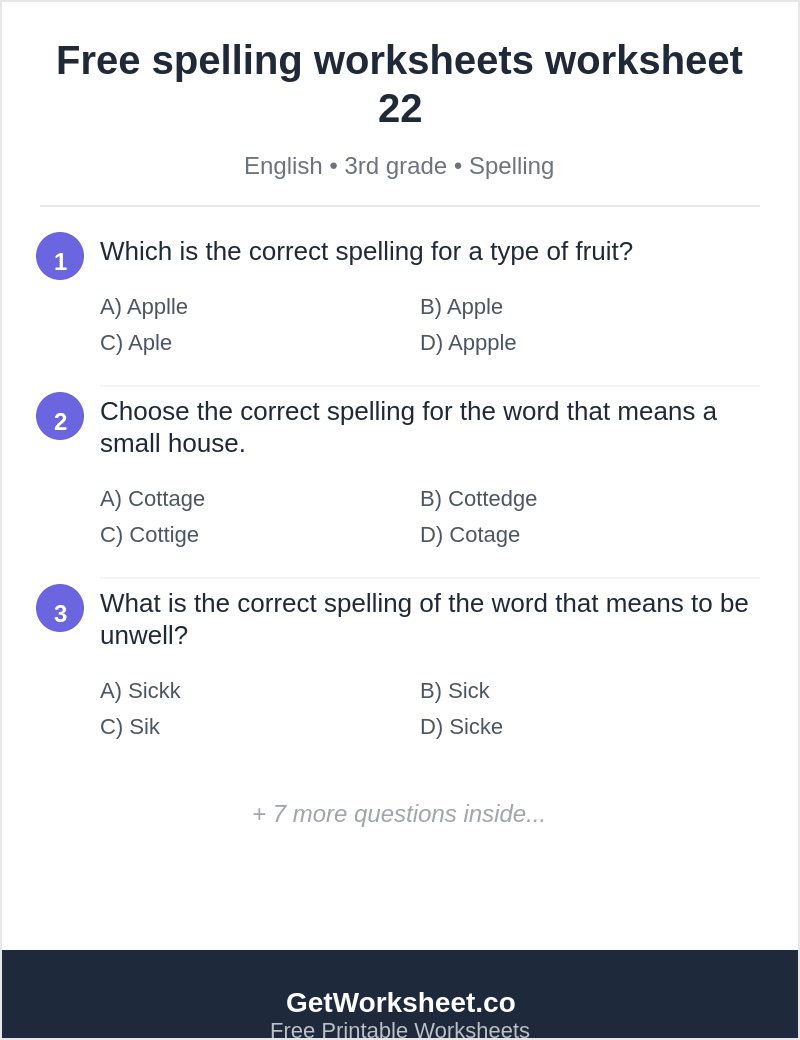Spelling quiz: apple, cottage, sick, kitten, night, blue Spelling quiz: apple, cottage, sick, kitten, night, blue – free printable PDF worksheet, page 1 preview (Free spelling worksheets)