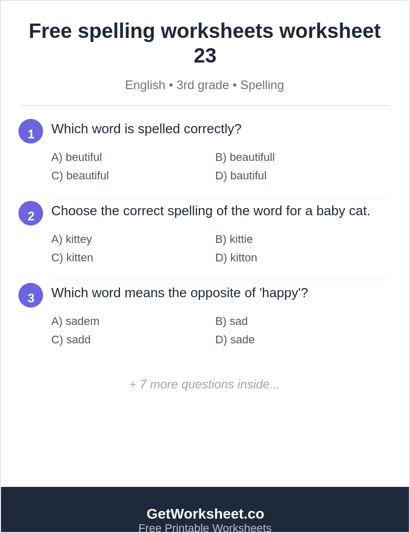 Spelling quiz: beautiful, kitten, sad, school, beaver Spelling quiz: beautiful, kitten, sad, school, beaver – free printable PDF worksheet, page 1 preview (Free spelling worksheets)