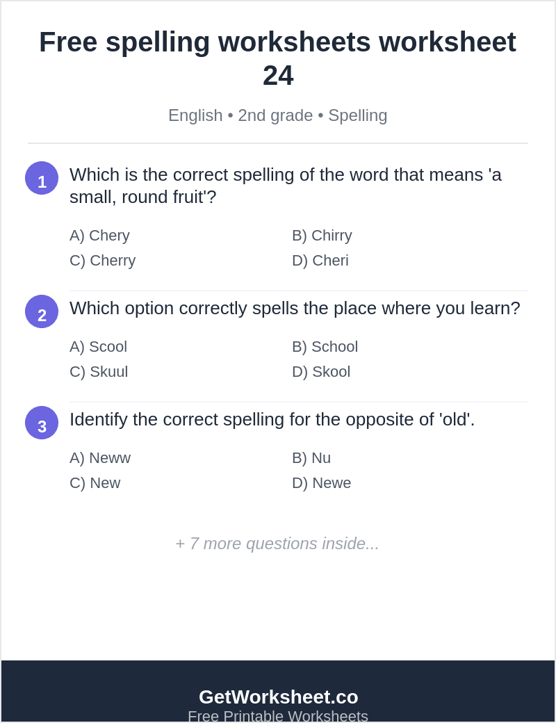 Spelling quiz: cherry, school, new, bee, gray, clean Spelling quiz: cherry, school, new, bee, gray, clean – free printable PDF worksheet, page 1 preview (Free spelling worksheets)