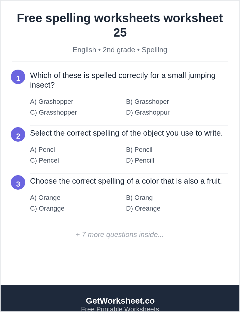 Spelling quiz: grasshopper, pencil, orange, library, zebra Spelling quiz: grasshopper, pencil, orange, library, zebra – free printable PDF worksheet, page 1 preview (Free spelling worksheets)
