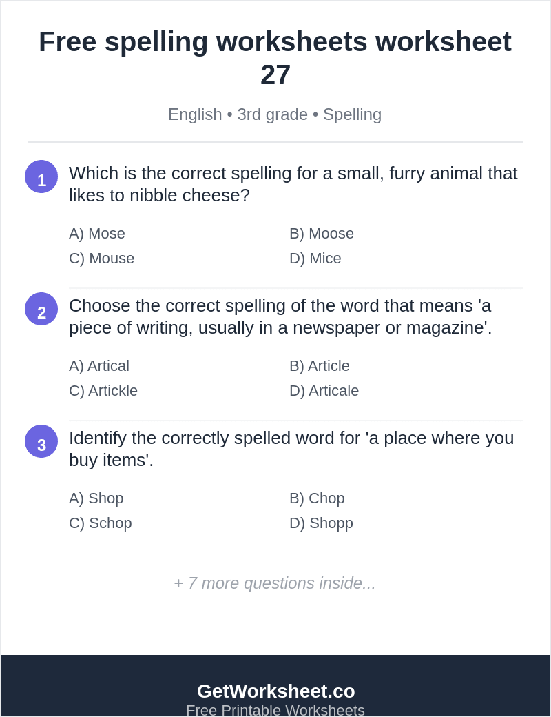 Spelling quiz: mouse, article, shop, teacher, hop, swim Spelling quiz: mouse, article, shop, teacher, hop, swim – free printable PDF worksheet, page 1 preview (Free spelling worksheets)
