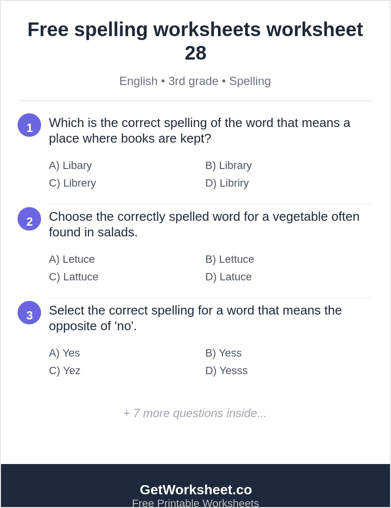 Spelling quiz: library, lettuce, yes, teacher, ocean Spelling quiz: library, lettuce, yes, teacher, ocean – free printable PDF worksheet, page 1 preview (Free spelling worksheets)