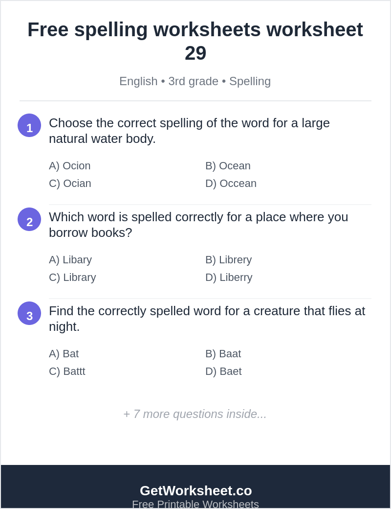 Spelling quiz: ocean, library, bat, tiny, butterfly, spring Spelling quiz: ocean, library, bat, tiny, butterfly, spring – free printable PDF worksheet, page 1 preview (Free spelling worksheets)