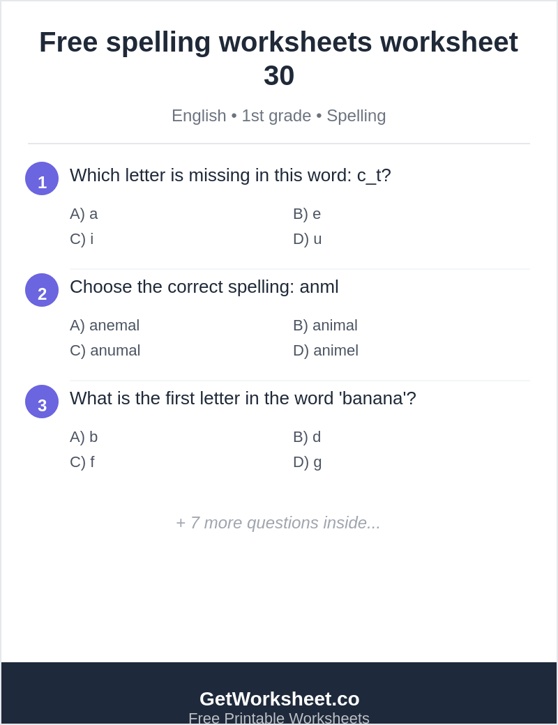 1st grade spelling: missing letters in c_t, b_rk, tr_e, _at 1st grade spelling: missing letters in c_t, b_rk, tr_e, _at – free printable PDF worksheet, page 1 preview (Free spelling worksheets)