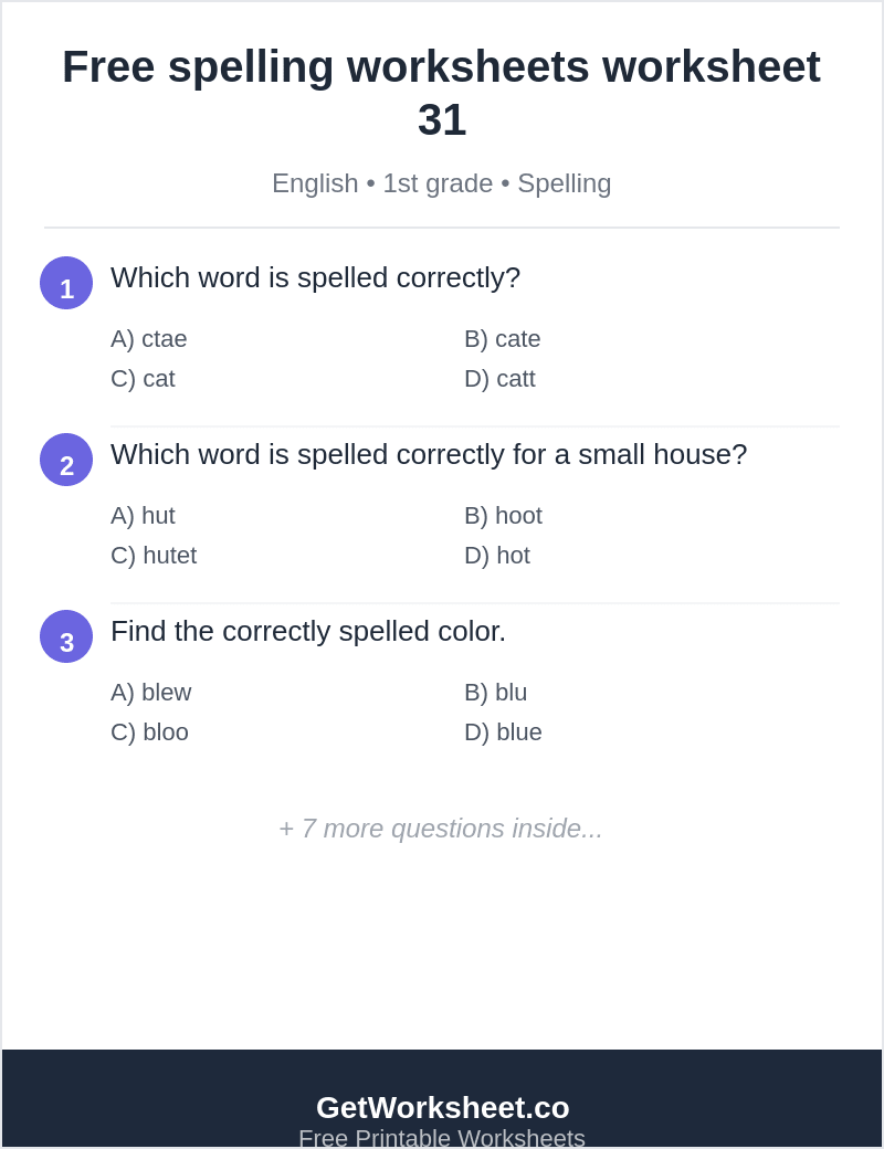 1st grade spelling quiz: cat, hut, blue, on, baby, two 1st grade spelling quiz: cat, hut, blue, on, baby, two – free printable PDF worksheet, page 1 preview (Free spelling worksheets)