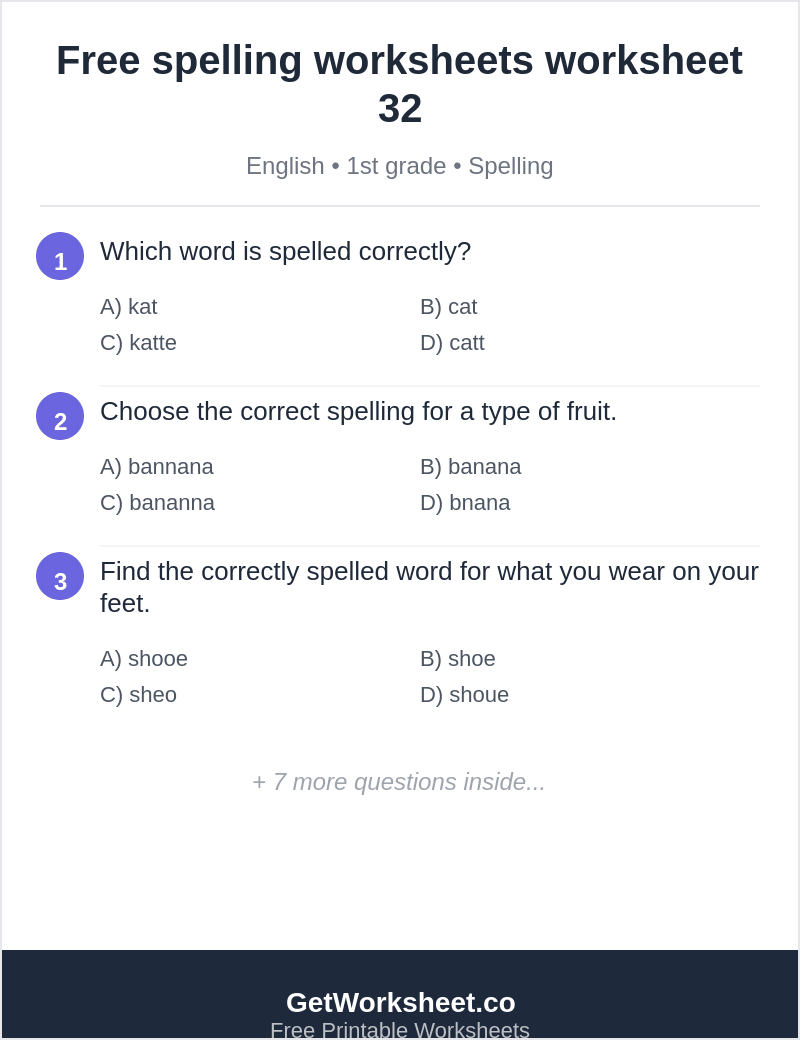 1st grade spelling quiz: cat, banana, shoe, home, colors 1st grade spelling quiz: cat, banana, shoe, home, colors – free printable PDF worksheet, page 1 preview (Free spelling worksheets)