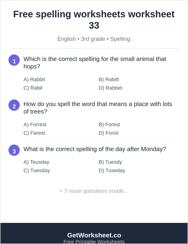 Spelling quiz: rabbit, forest, Tuesday, ocean, niece Spelling quiz: rabbit, forest, Tuesday, ocean, niece – free printable PDF worksheet, page 1 preview (Free spelling worksheets)