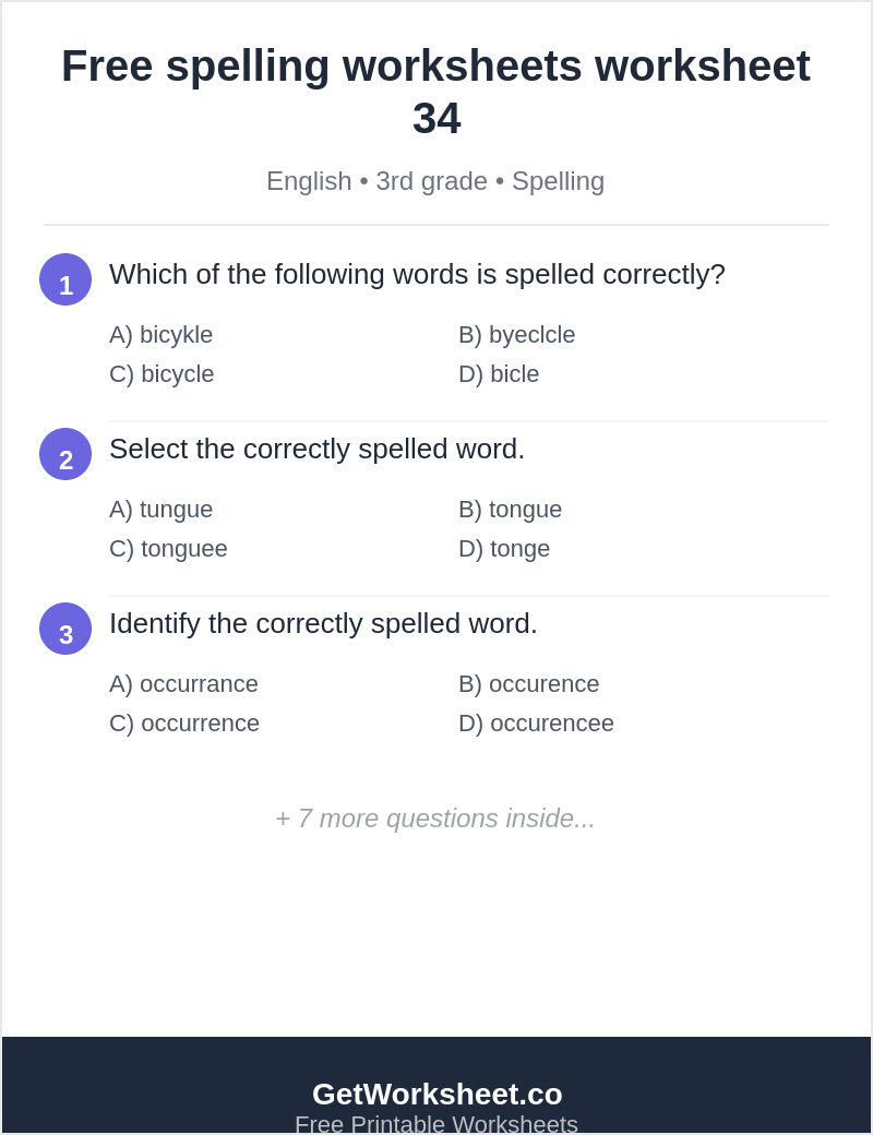 Spelling quiz: bicycle, occurrence, dilemma, definitely Spelling quiz: bicycle, occurrence, dilemma, definitely – free printable PDF worksheet, page 1 preview (Free spelling worksheets)