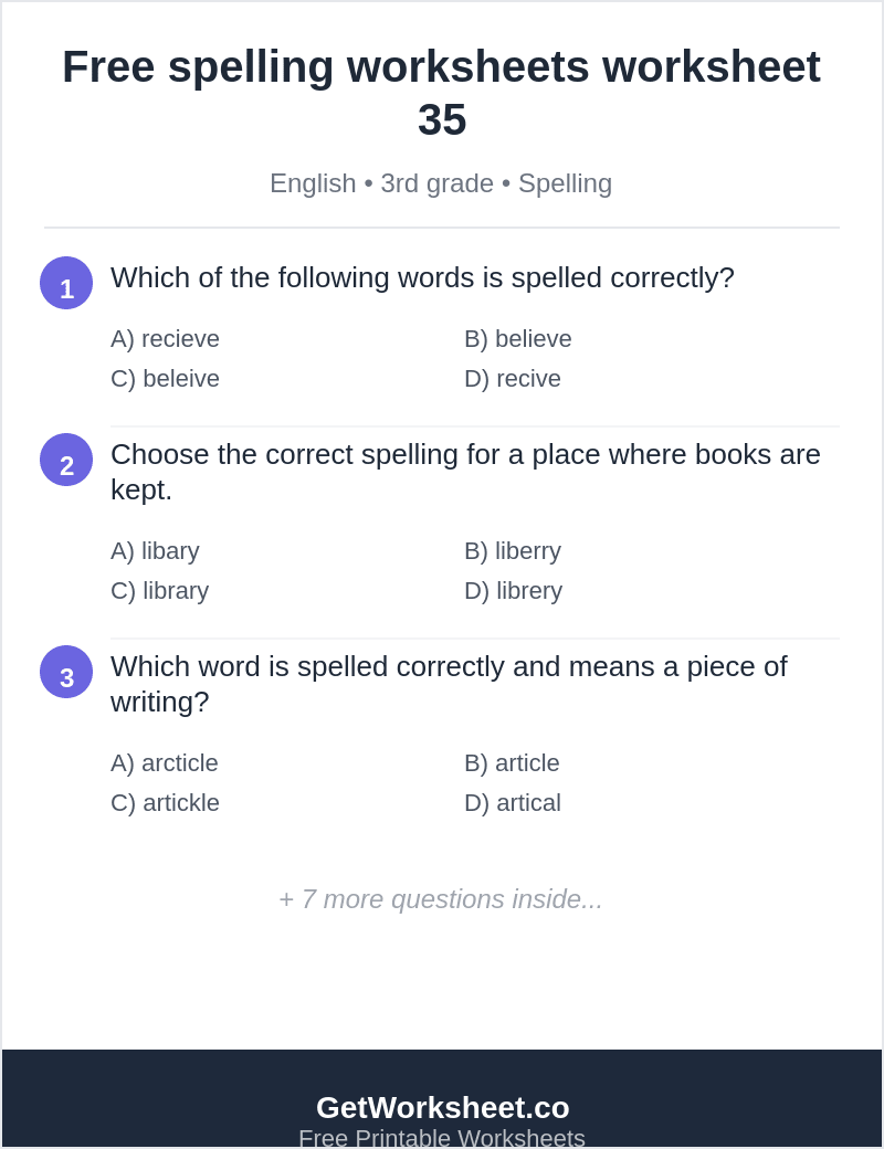 Spelling quiz: believe, library, article, talented, affect Spelling quiz: believe, library, article, talented, affect – free printable PDF worksheet, page 1 preview (Free spelling worksheets)
