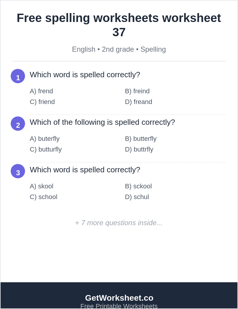 Spelling quiz: friend, butterfly, school, kitten, reindeer Spelling quiz: friend, butterfly, school, kitten, reindeer – free printable PDF worksheet, page 1 preview (Free spelling worksheets)