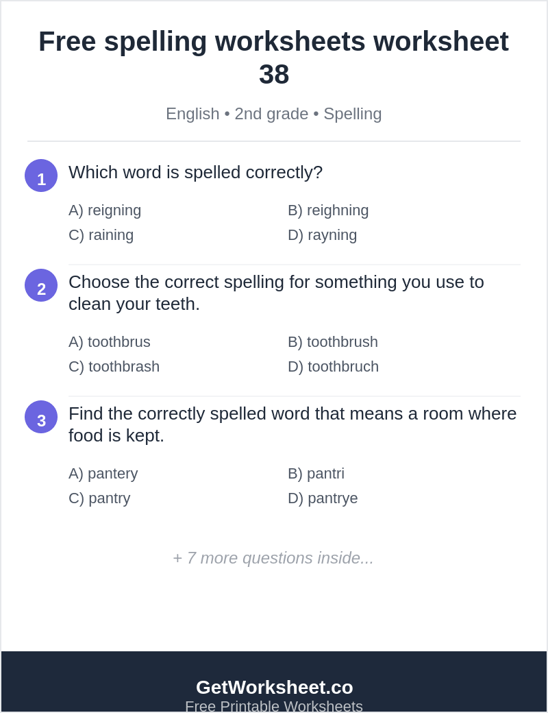 Spelling quiz: reigning, toothbrush, pantry, school, kitten Spelling quiz: reigning, toothbrush, pantry, school, kitten – free printable PDF worksheet, page 1 preview (Free spelling worksheets)