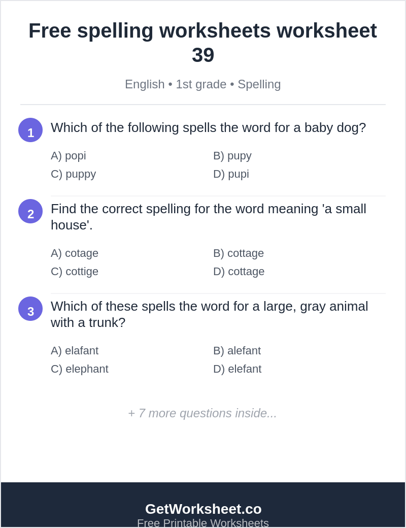 1st grade spelling quiz: puppy, cottage, elephant, winter 1st grade spelling quiz: puppy, cottage, elephant, winter – free printable PDF worksheet, page 1 preview (Free spelling worksheets)