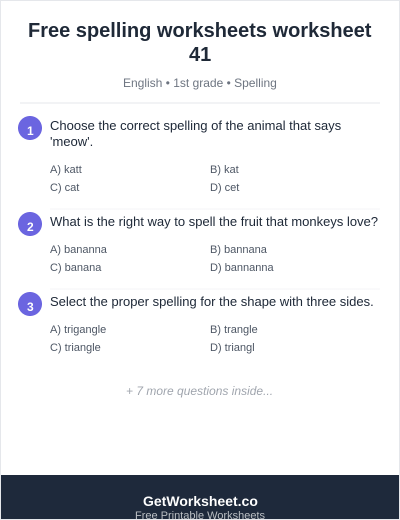 1st grade spelling quiz: cat, banana, triangle, blue, honey 1st grade spelling quiz: cat, banana, triangle, blue, honey – free printable PDF worksheet, page 1 preview (Free spelling worksheets)