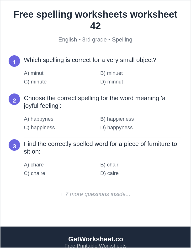 Spelling quiz: minute, happiness, chair, light, arrive Spelling quiz: minute, happiness, chair, light, arrive – free printable PDF worksheet, page 1 preview (Free spelling worksheets)