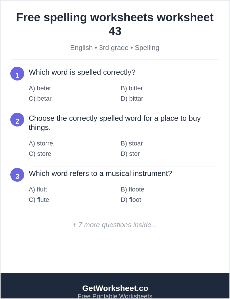 Spelling quiz: bitter, store, flute, breakfast, ocean Spelling quiz: bitter, store, flute, breakfast, ocean – free printable PDF worksheet, page 1 preview (Free spelling worksheets)