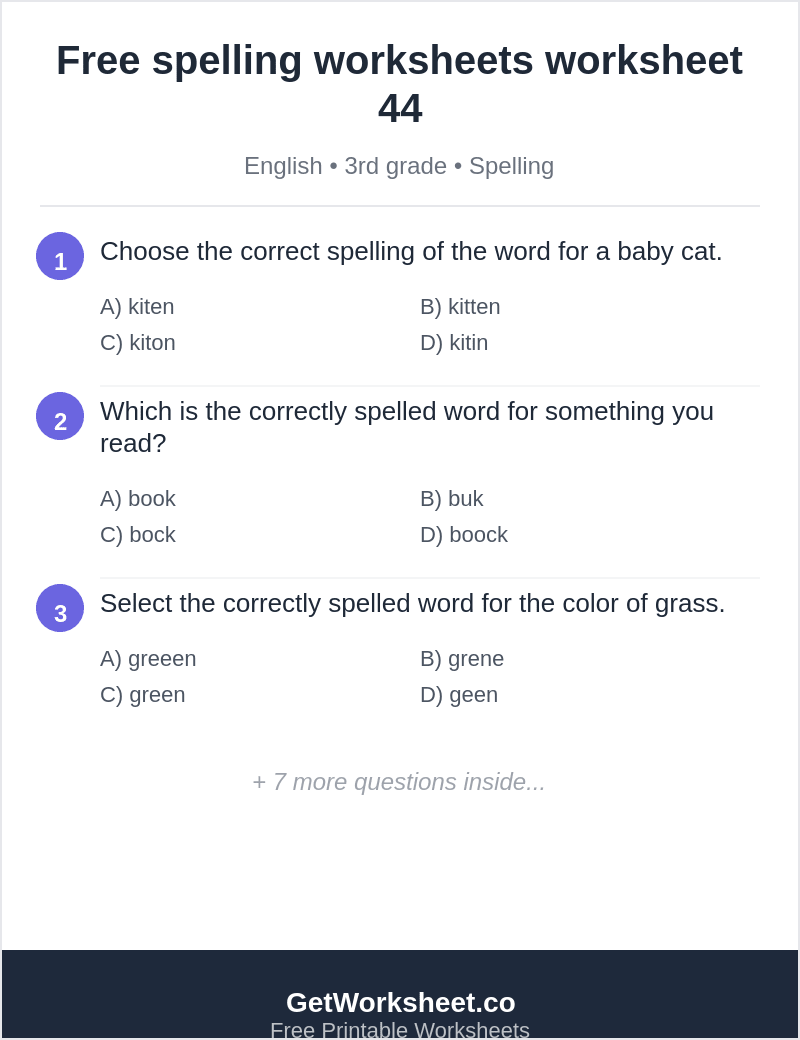 Spelling quiz: kitten, book, green, ski, bat, tiger Spelling quiz: kitten, book, green, ski, bat, tiger – free printable PDF worksheet, page 1 preview (Free spelling worksheets)